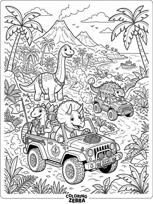 A dinosaur adventure scene with vehicles and smoke