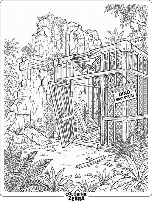 A dinosaur cage near cracked ruins and ferns