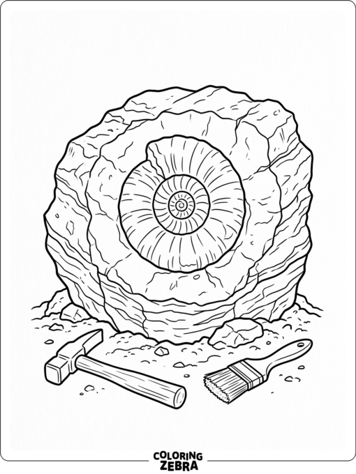 A fossil in rock with a hammer and brush nearby