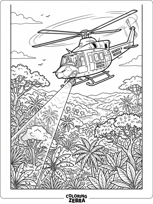 A helicopter flying above jungle trees