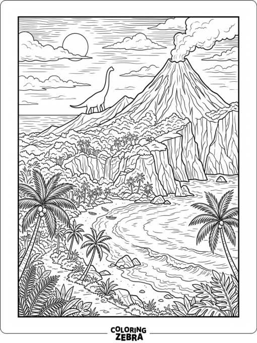 A tropical island with cliffs, palms, and a distant dinosaur shape