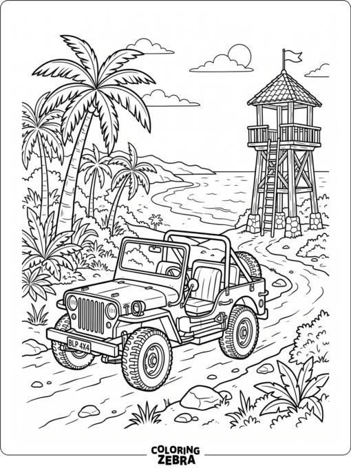 An open jeep driving past palm trees and a tower