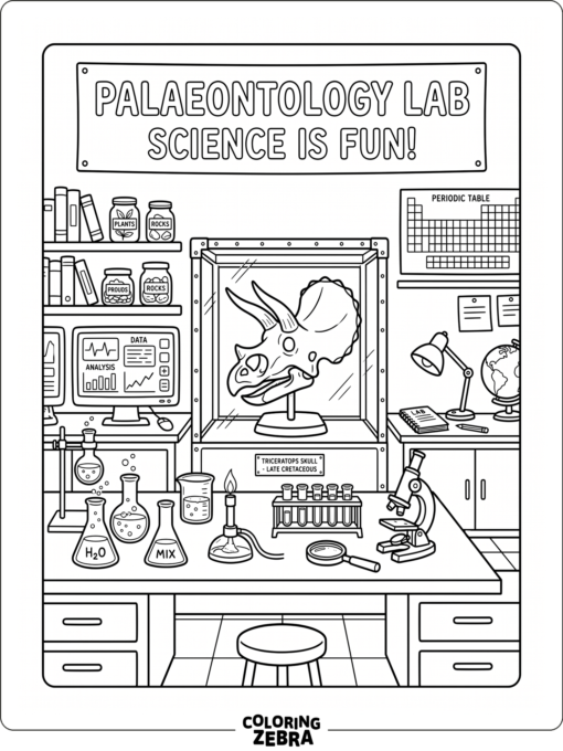 A lab with screens, beakers, and a dinosaur skull