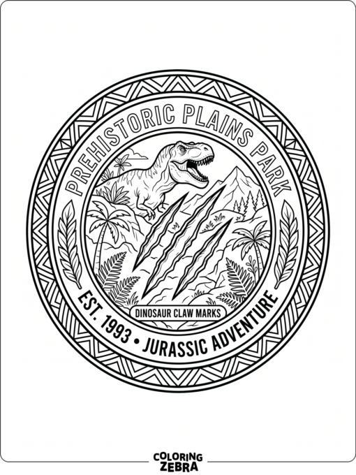 A round park emblem with dinosaur claw marks