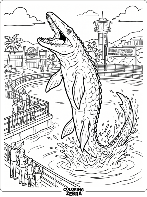 A Jurassic World mosasaurus leaping from a lagoon