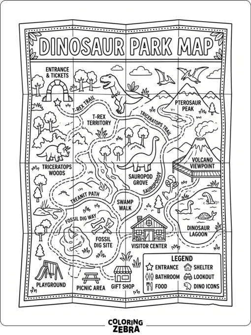 A park map with dinosaur icons and paths