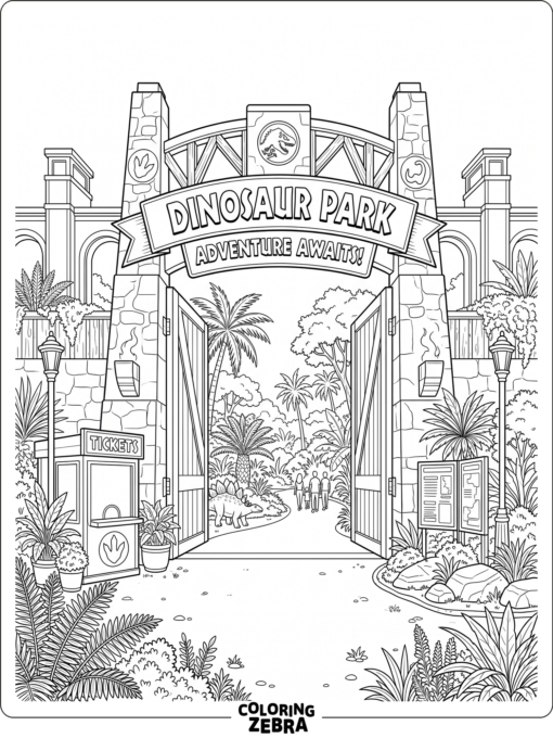 A modern dinosaur park entrance with open doors