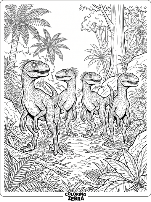 A group of raptors standing together in a clearing