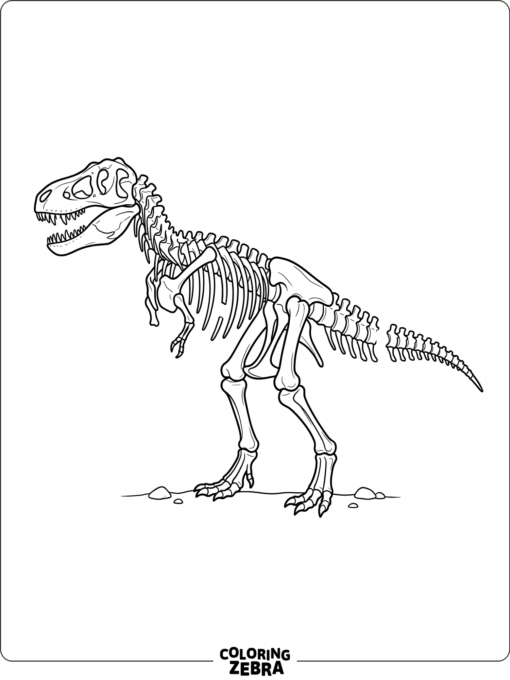 A dinosaur skeleton in profile with a few bones missing