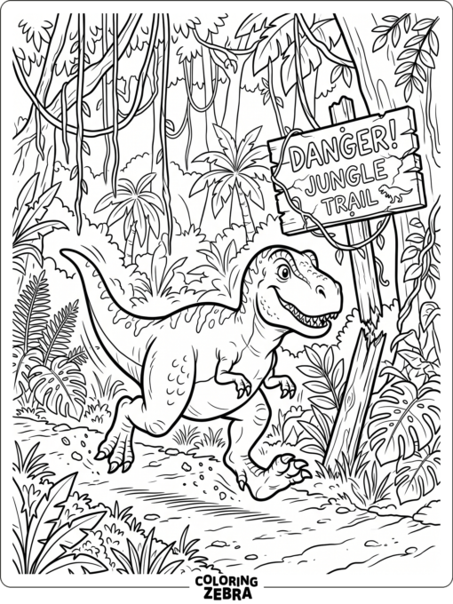 A T rex running past vines and a broken sign