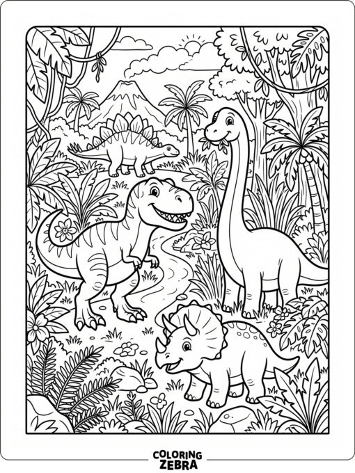 A T rex with other dinosaurs in a jungle scene