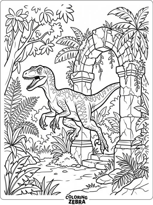 A velociraptor leaping near a ruined gate
