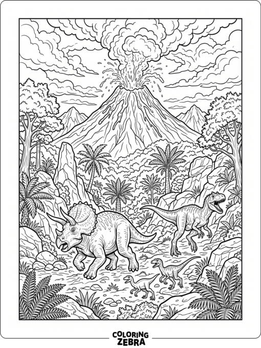 Dinosaurs near an erupting volcano in the jungle