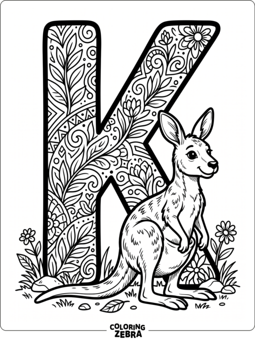 A kangaroo sitting beside a large letter K