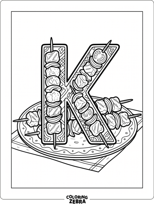 A letter K beside grilled kebab skewers on a plate
