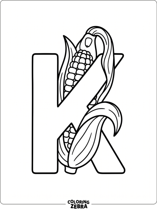 A letter K next to a single corn kernel and husk