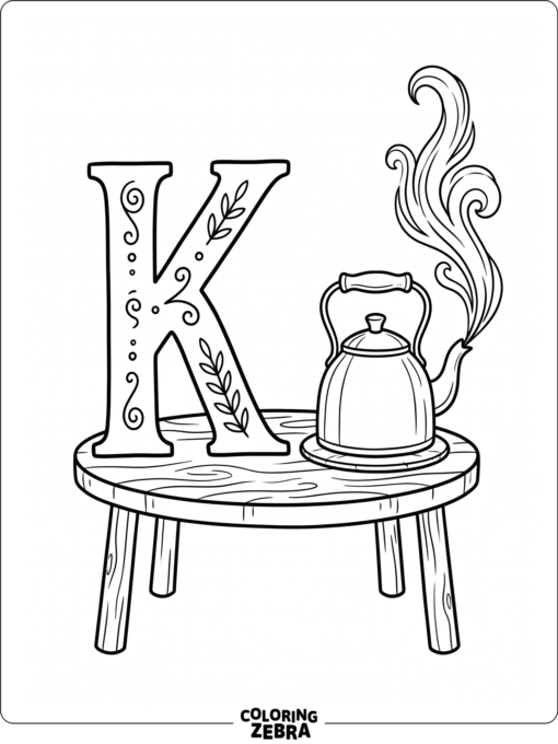 A kettle on a table beside a large K