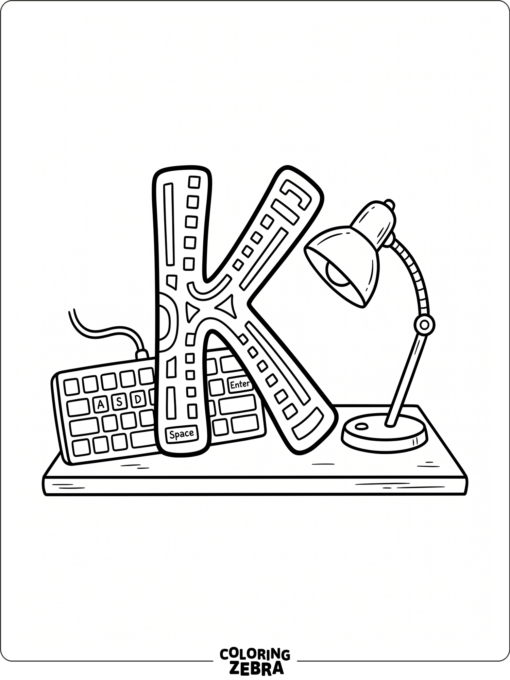 A keyboard on a desk beside a large K