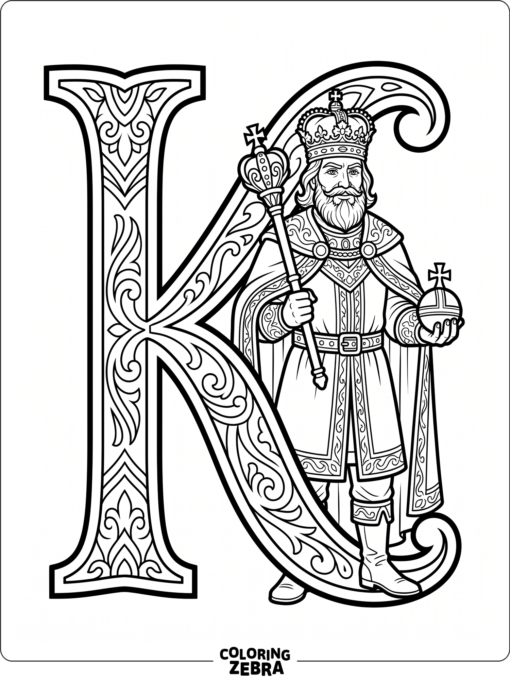 A king standing beside a large K