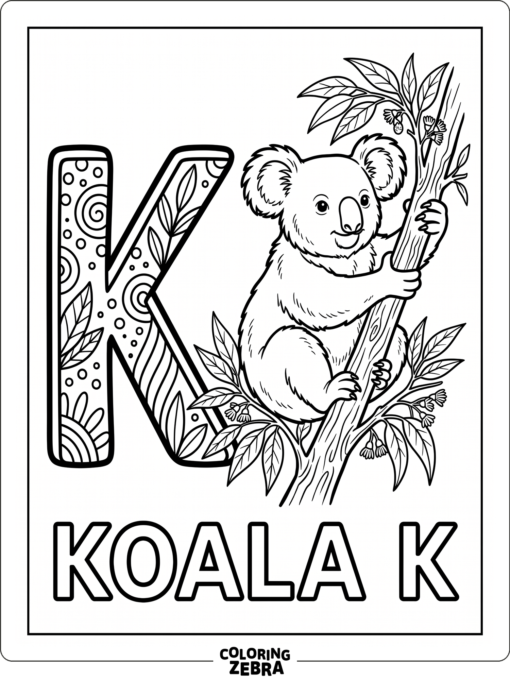 The letter K with a koala on a branch