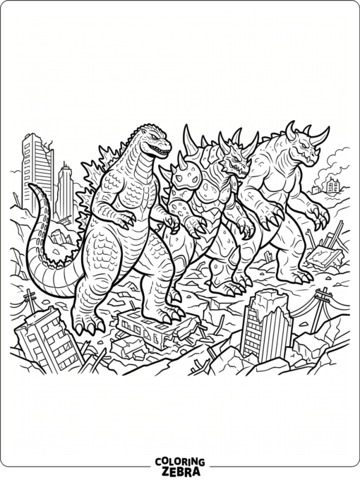Several giant monsters marching across a damaged plain