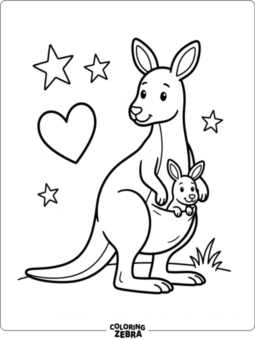 A kangaroo carrying a joey in her pouch with hearts around them
