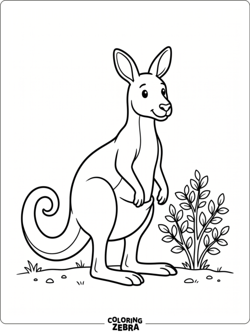 A kangaroo standing near a bush with a curled tail