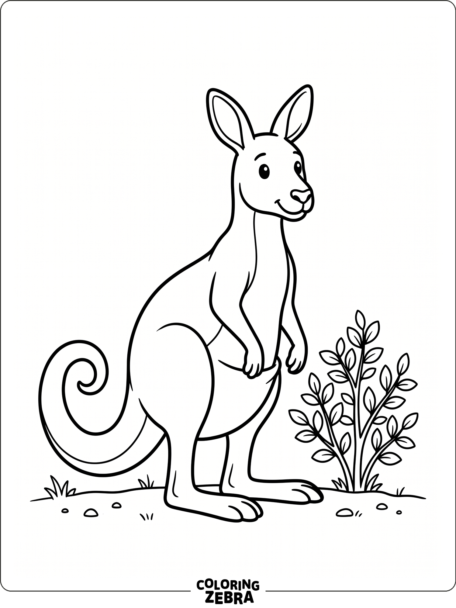 A kangaroo standing near a bush with a curled tail