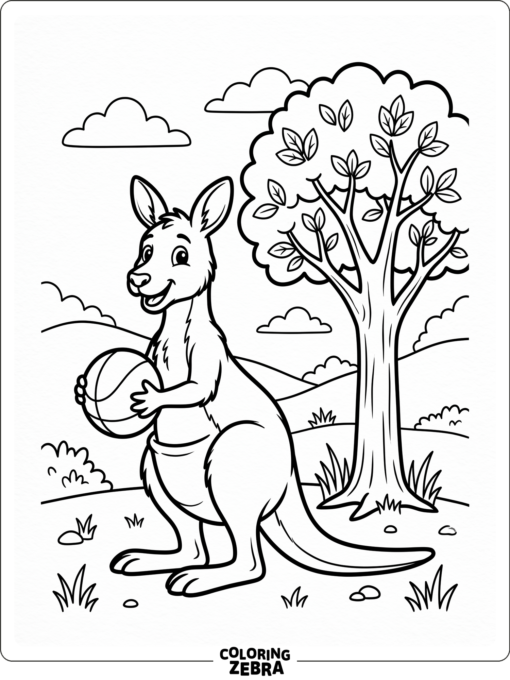 A kid-friendly kangaroo holding a ball near a tree