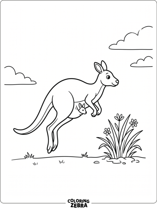 A kangaroo hopping near a grass tuft with bold outlines