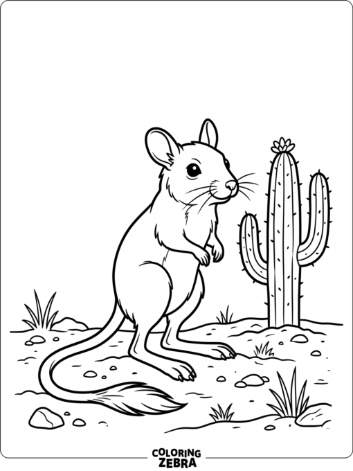 A kangaroo rat beside a cactus in a desert scene