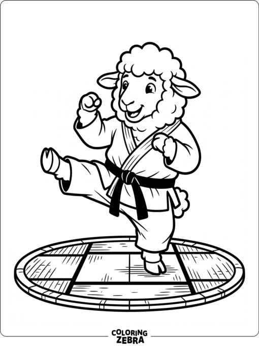 A playful sheep wears a karate belt and stands on a mat