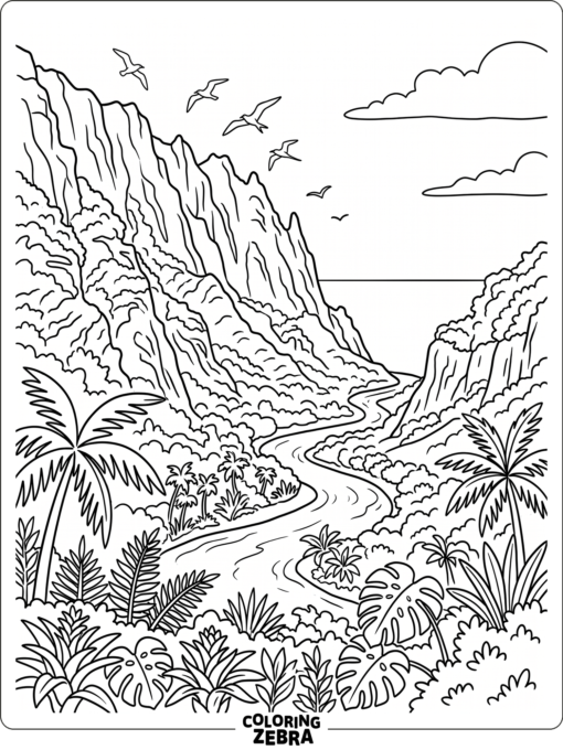 Kauai cliffs above a river with tropical plants