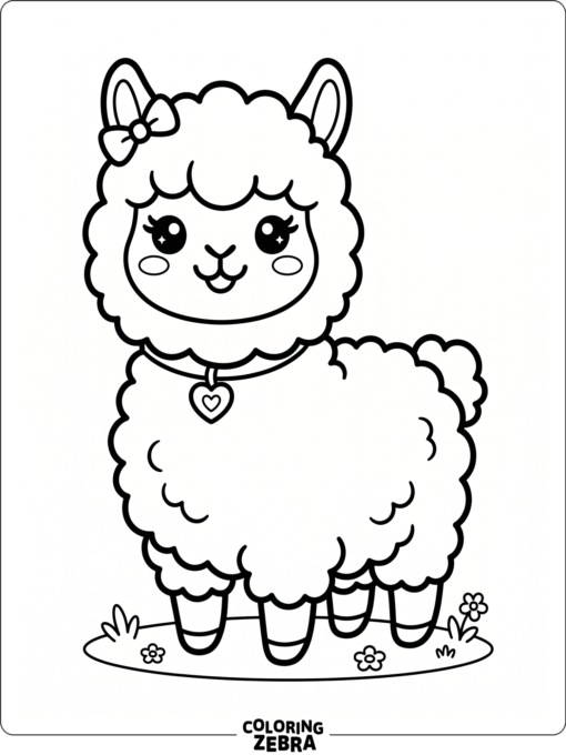 A kawaii alpaca with rosy cheeks and a heart collar