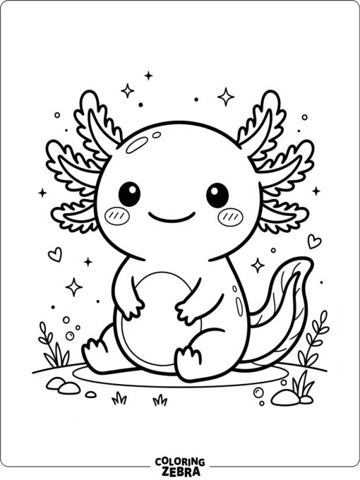 A kawaii axolotl with rounded cheeks and sparkles