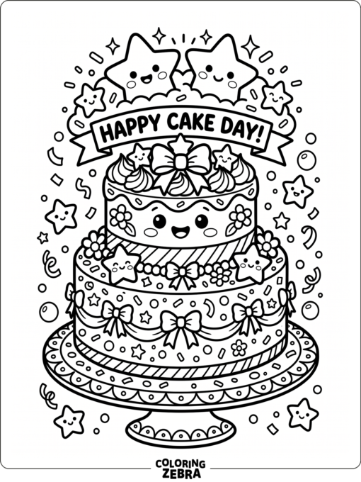 A kawaii cake with smiling stars and bows