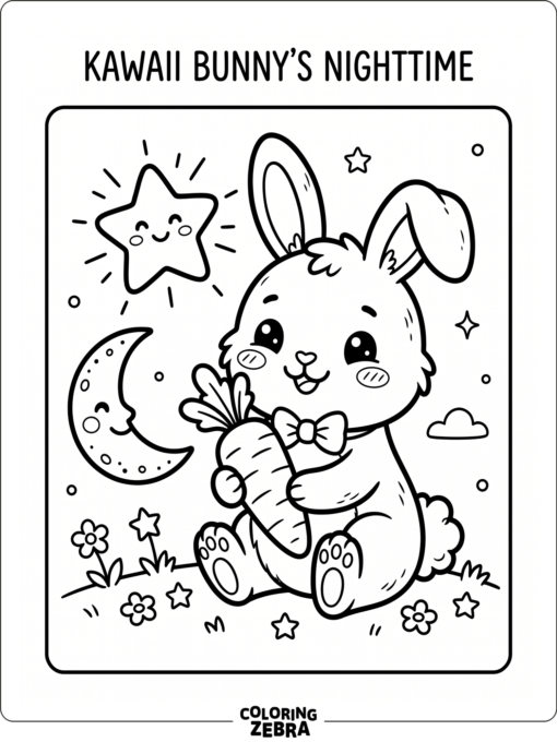 A kawaii bunny holding a carrot beside a star and moon