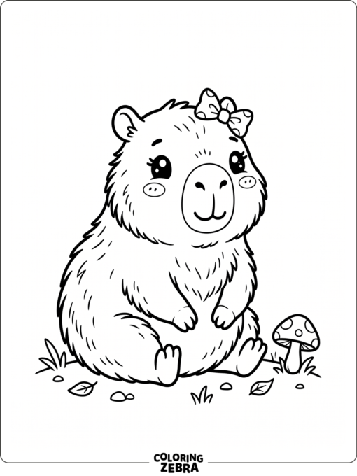A kawaii capybara with a bow beside a mushroom