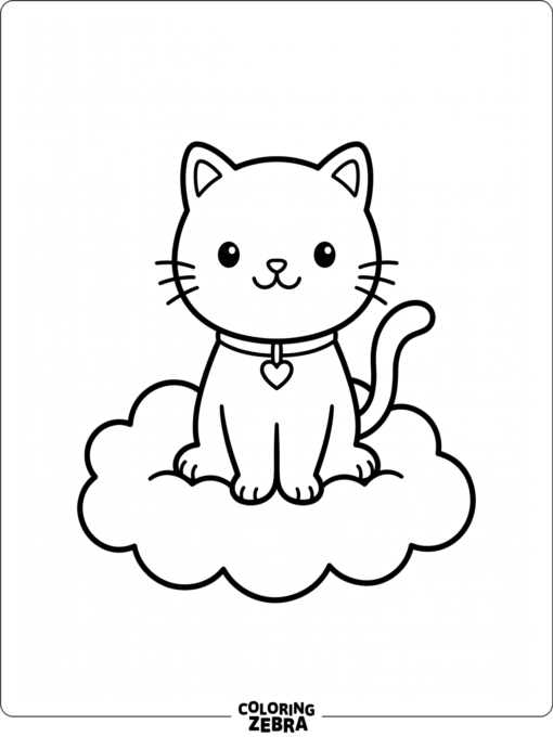 A kawaii cat sits on a cloud with a tiny heart collar
