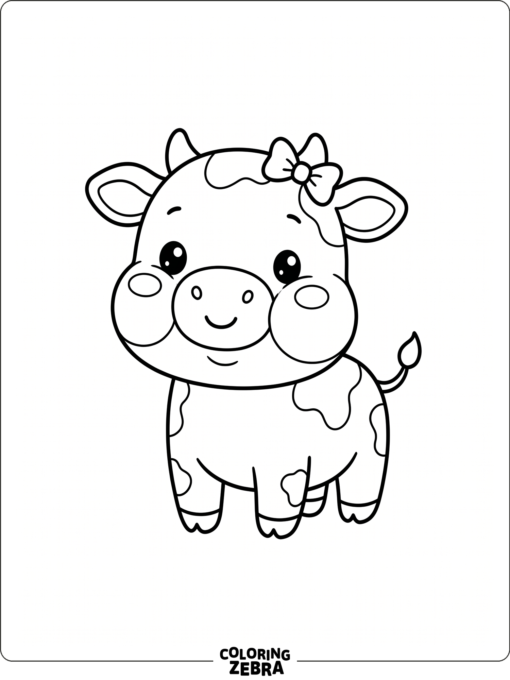A kawaii cow with round cheeks and a tiny bow sits in a simple pose.