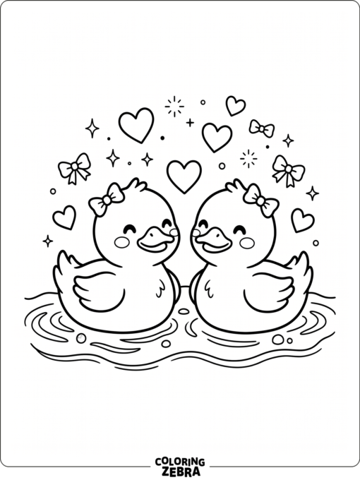 Two kawaii ducks with hearts and bows