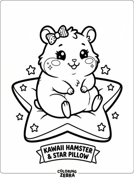 A kawaii hamster with a bow resting on a star pillow
