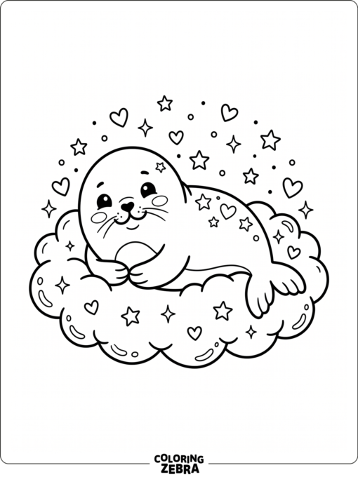 A kawaii cute seal on a cloud with stars