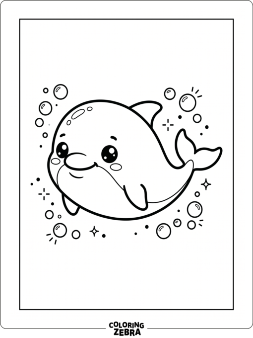 A kawaii dolphin with big eyes and bubbles