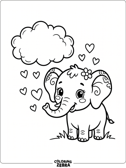 A kawaii baby elephant with round cheeks and small hearts