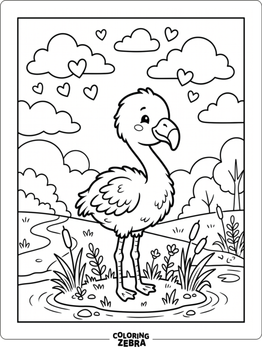 A kawaii baby flamingo with hearts and clouds