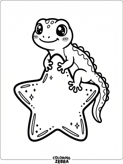 A kawaii gecko with rosy cheeks sits on a star