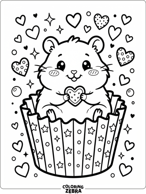 A kawaii hamster sitting in a cupcake wrapper with hearts