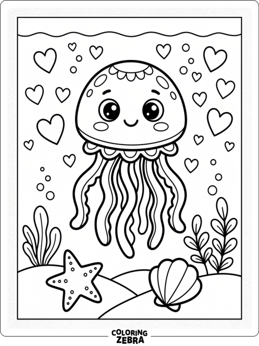 A cute kawaii jellyfish with big eyes and tiny hearts