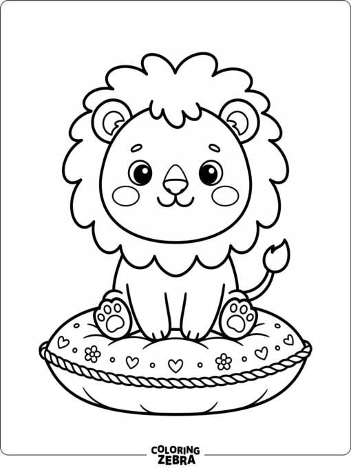 A kawaii lion with round cheeks sits on a cushion